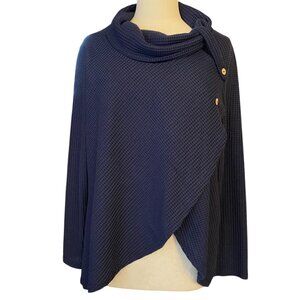 Slig Waffle Knit Faux Wrap Shirt Blue Cowl Neck Lagenlook Thermal Artsy Coast-XL